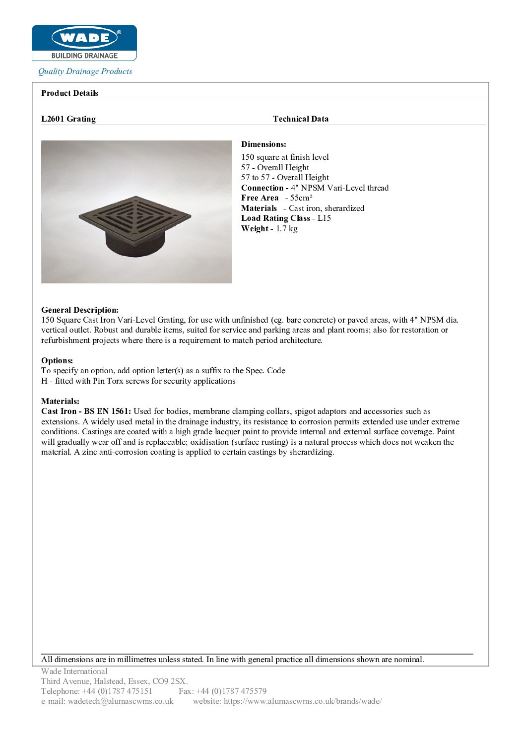Wade L2601 150mm Sq Cast Iron Vari-Level Grating - Image 3