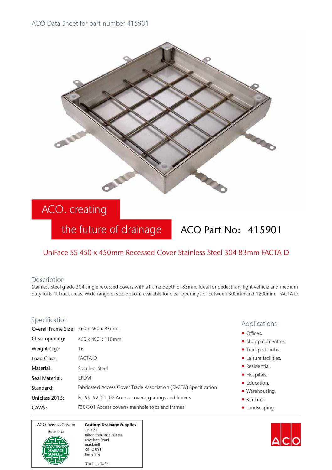 415901 Aco UniFace SS 450x450mm Recessed Cover 83mm Facta D - Image 6