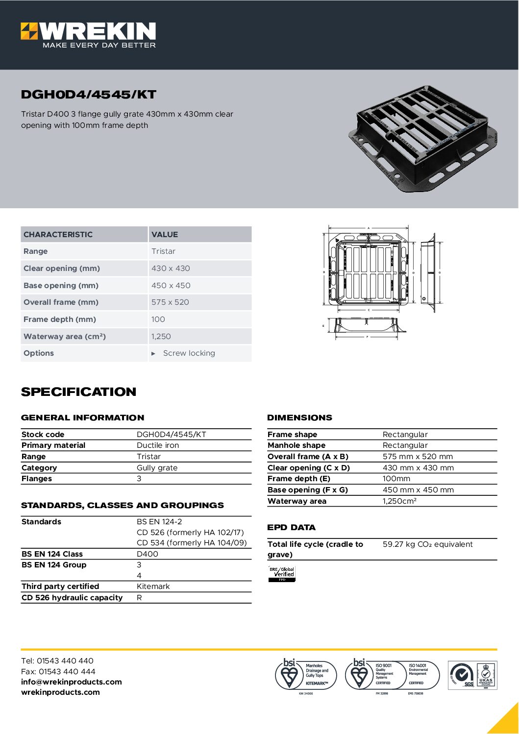 Wrekin Tristar D400 Gully Grates - 430 x 430mm, 100mm