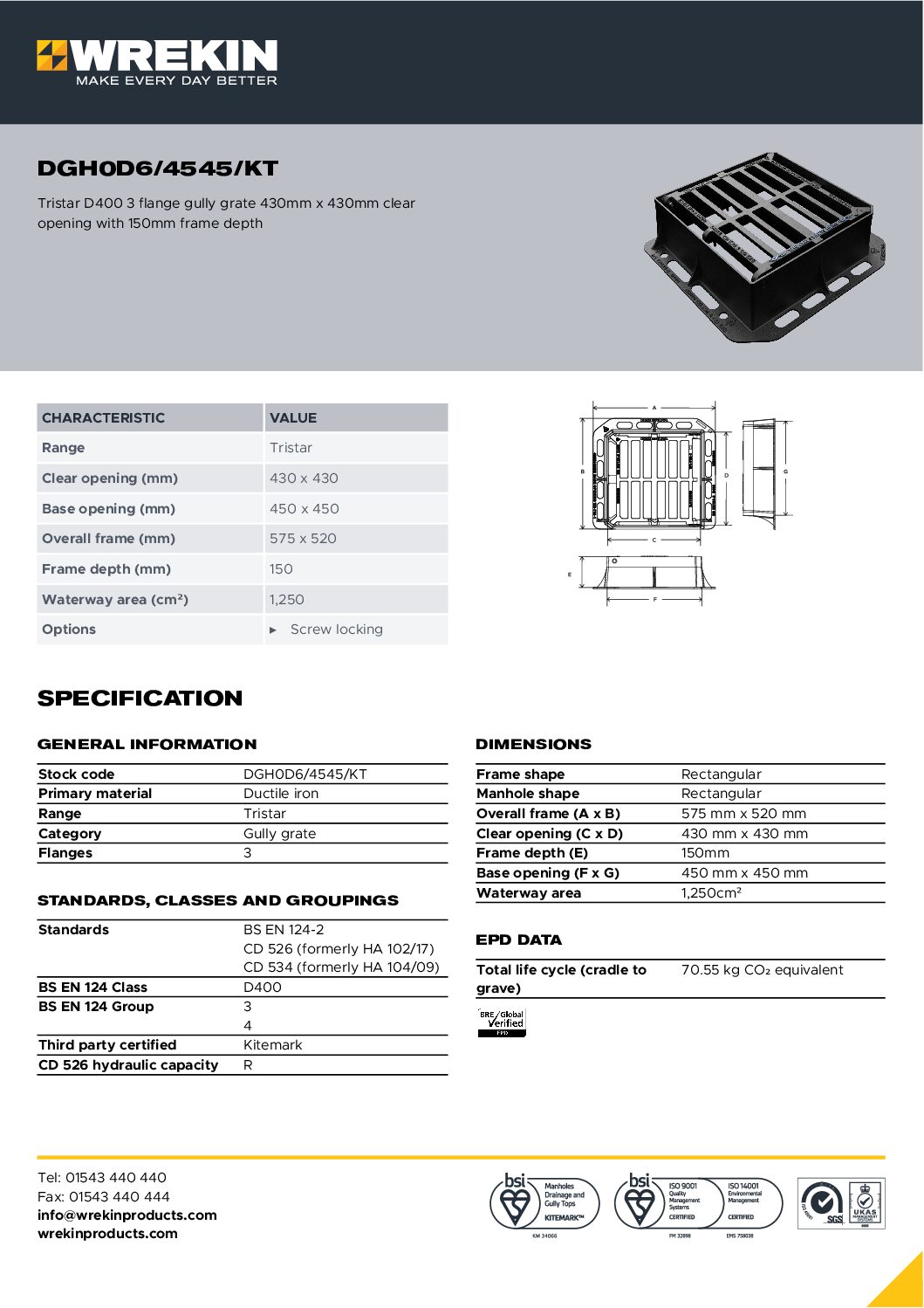Wrekin Tristar D400 Gully Grates - 430 x 430mm, 150mm