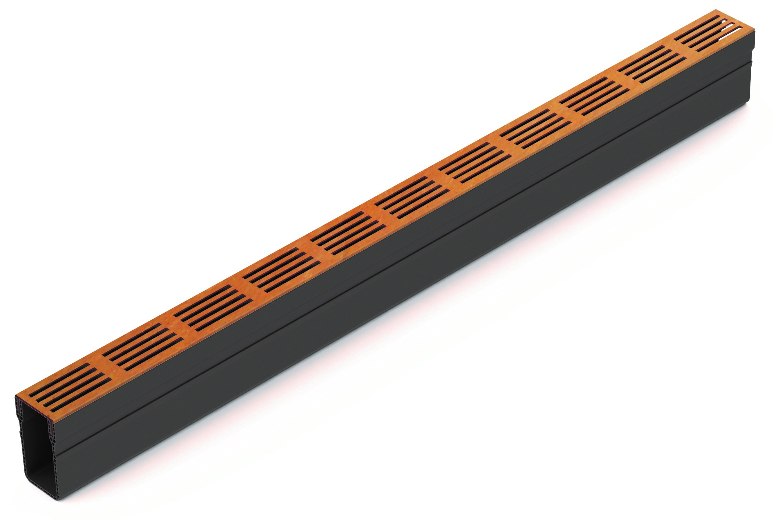 ACO Level Threshold Drain with Corten steel grating perfect for patios and house entrances.