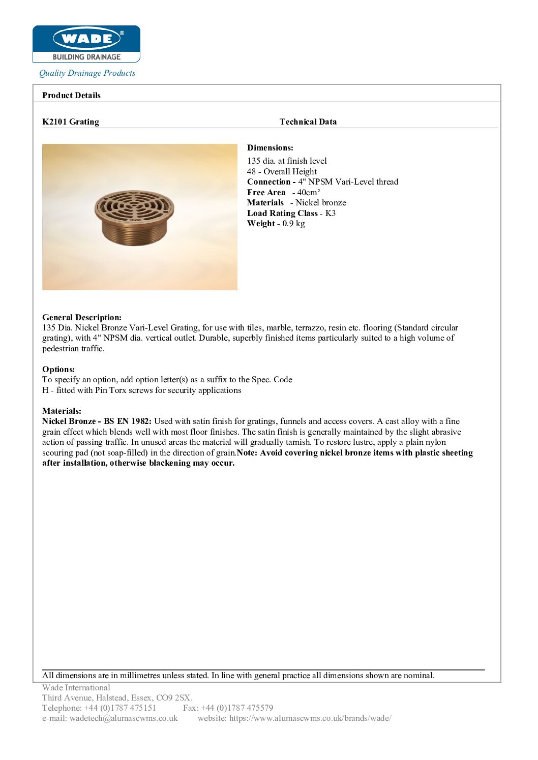 Wade K2101 135mm Dia Nickel Bronze Vari-Level Grating - Image 2