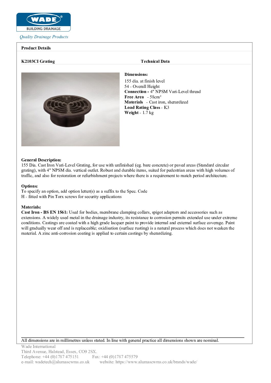 Wade K2103CI 155mm Dia Cast Iron Vari-Level Grating - Image 3