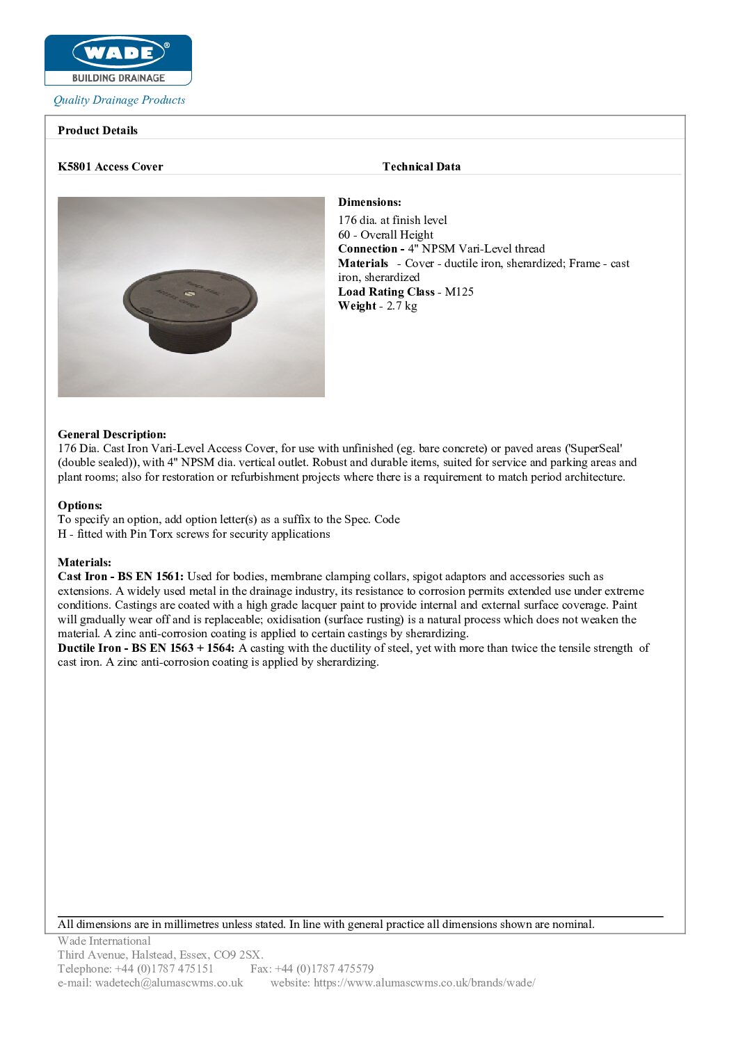 Wade K5801 176mm Dia Cast Iron Vari-Level Double Sealed Access Cover - Image 4