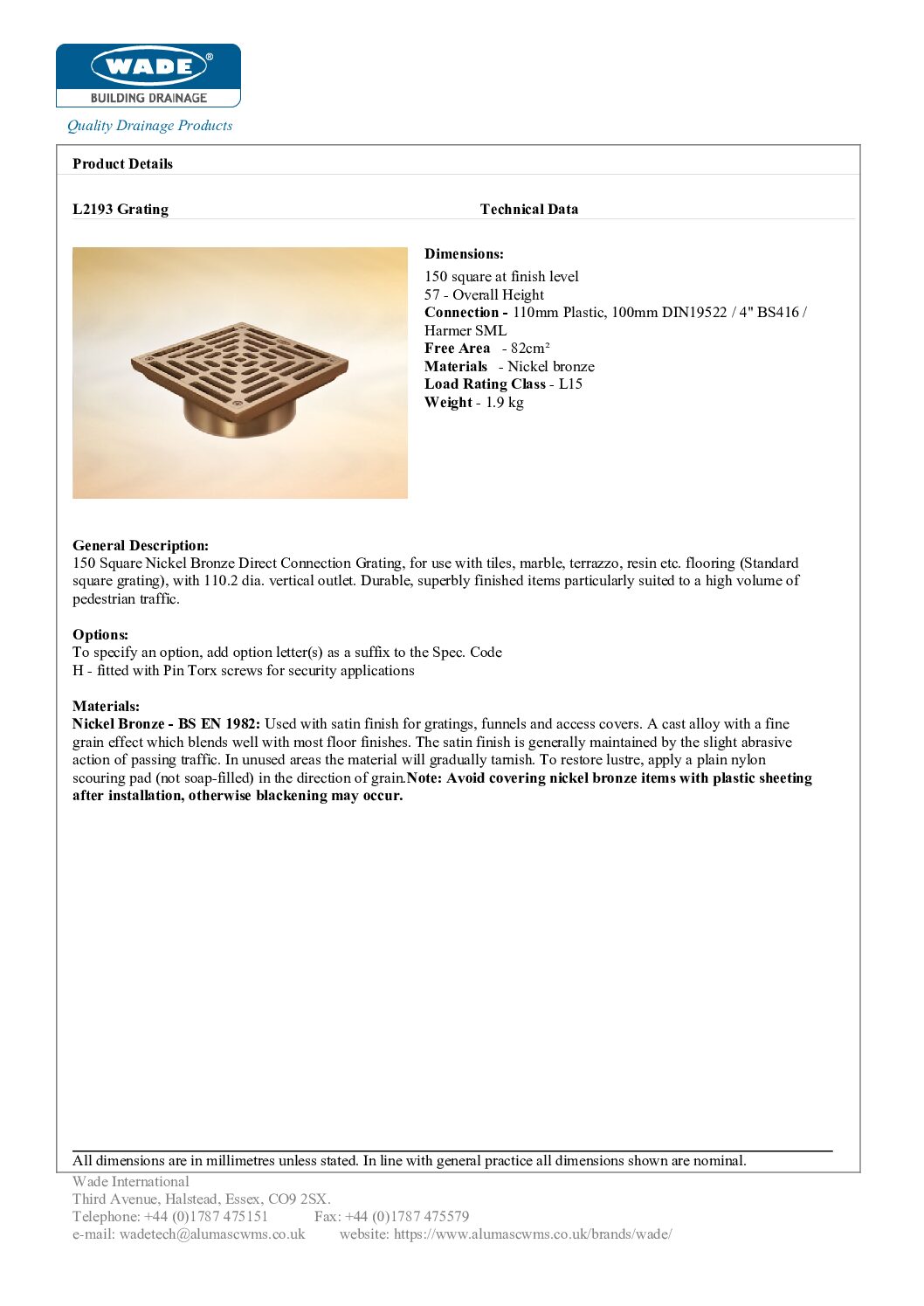 Wade L2193 150mm Sq Nickel Bronze Direct Connection Grating 110mm - Image 3