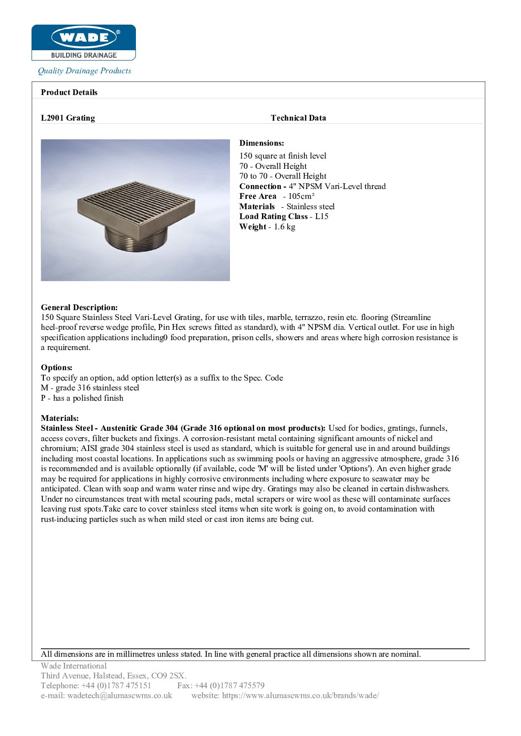 L2901 150mm Sq Stainless Steel Vari-level Grating - Image 2