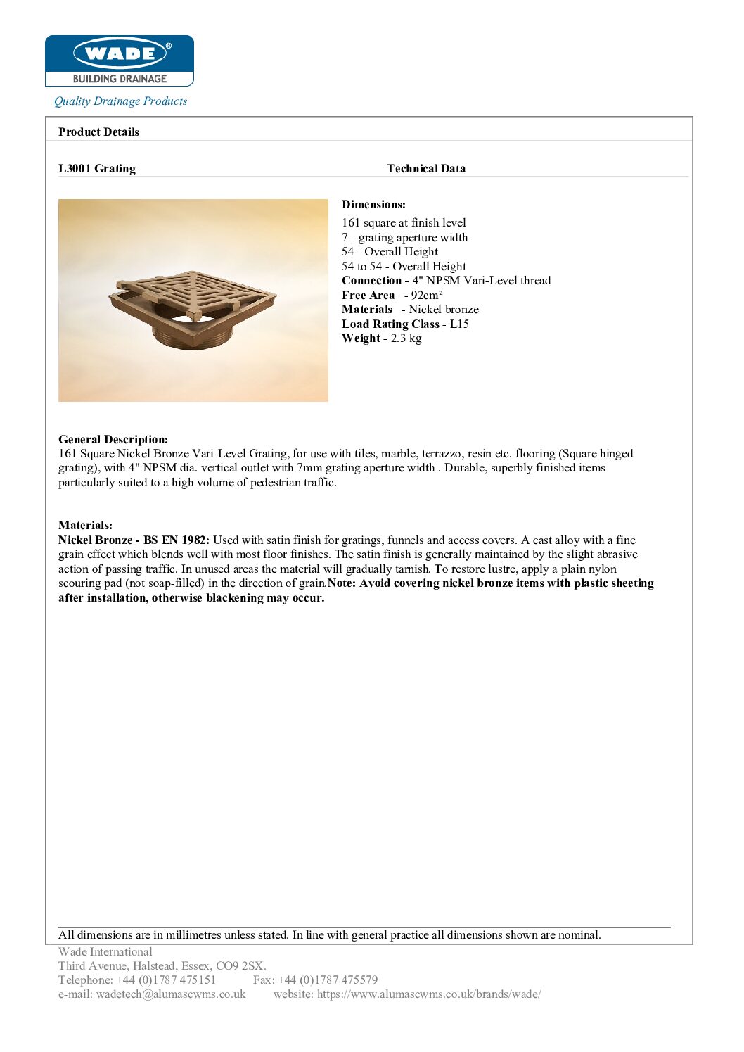 Wade L3001 161mm Sq Nickel Bronze Vari-Level Hinged Grating - Image 3