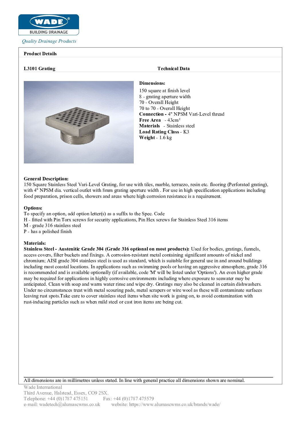 Wade L3101 150mm Sq Stainless Steel Vari-Level Perforated Grating - Image 2
