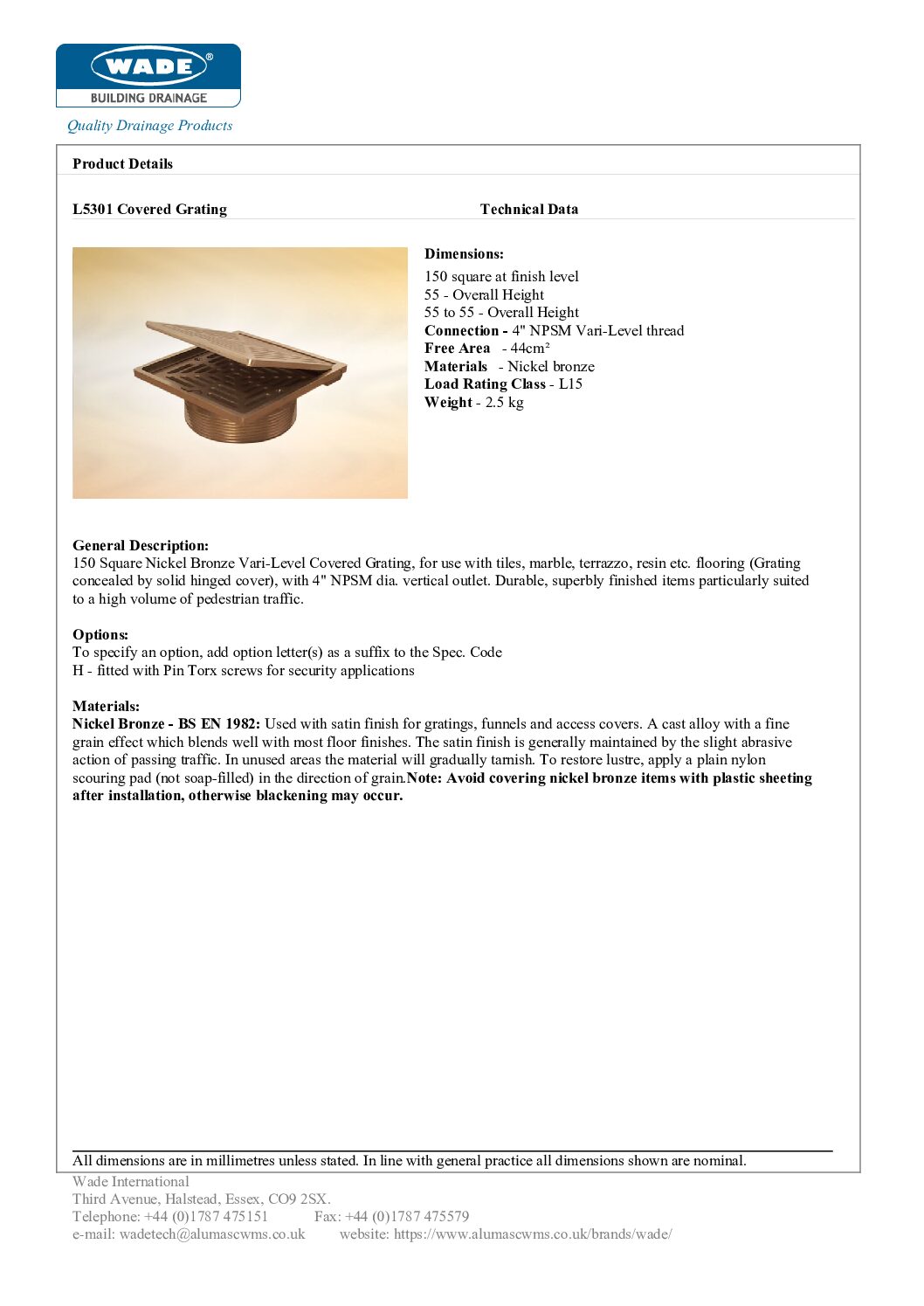 Wade L5301 150mm Sq Nickel Bronze Vari-Level Covered Grating - Image 4