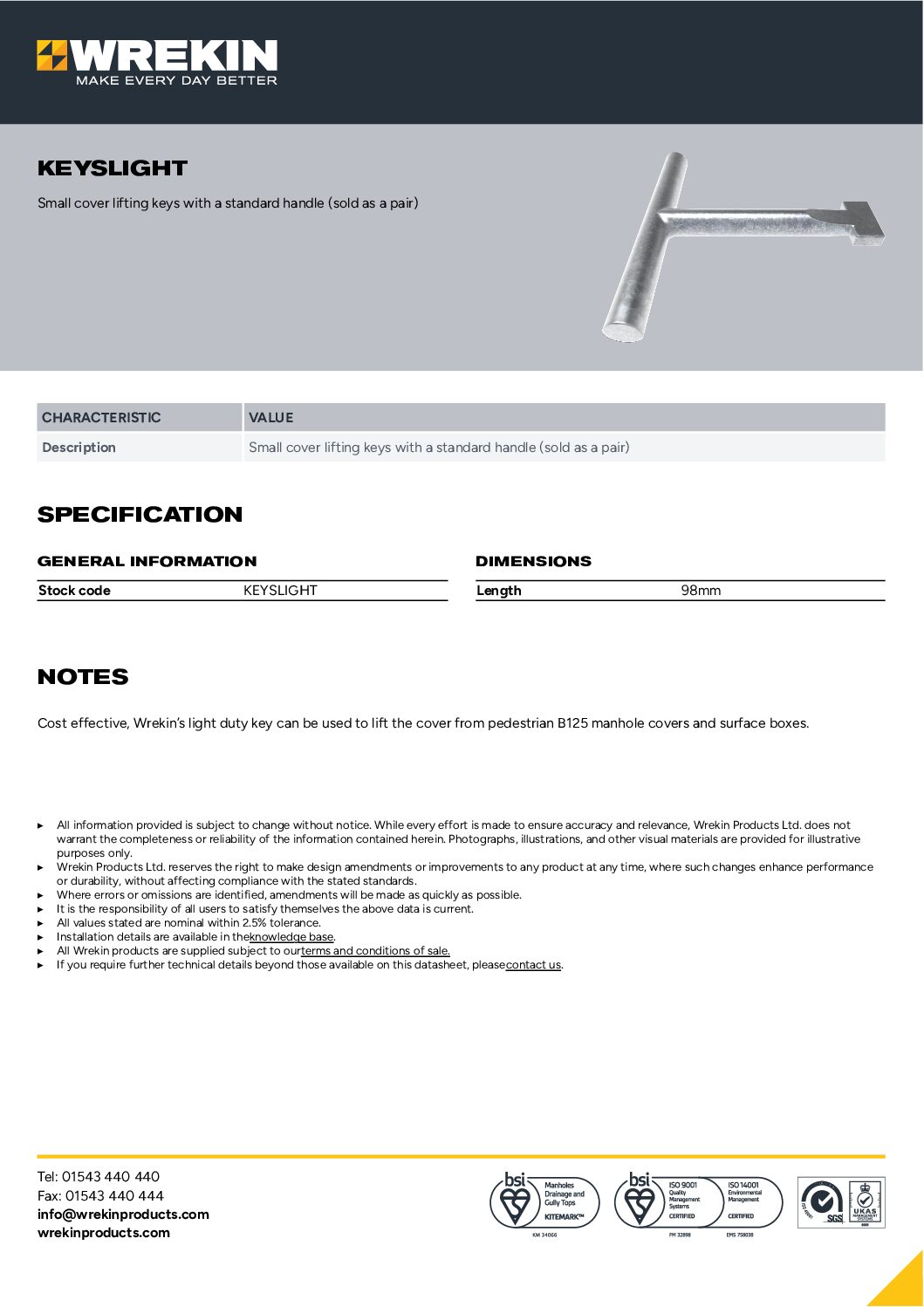 Wrekin Light Duty Lifting Keys (Pair) - Image 2